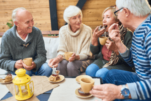 Seniors enjoying themselves at a cafe.