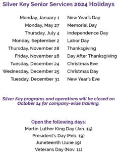Calendar, silver key senior services, silver key calendar, silver key 2024, silver key holiday, silver key holiday schedule