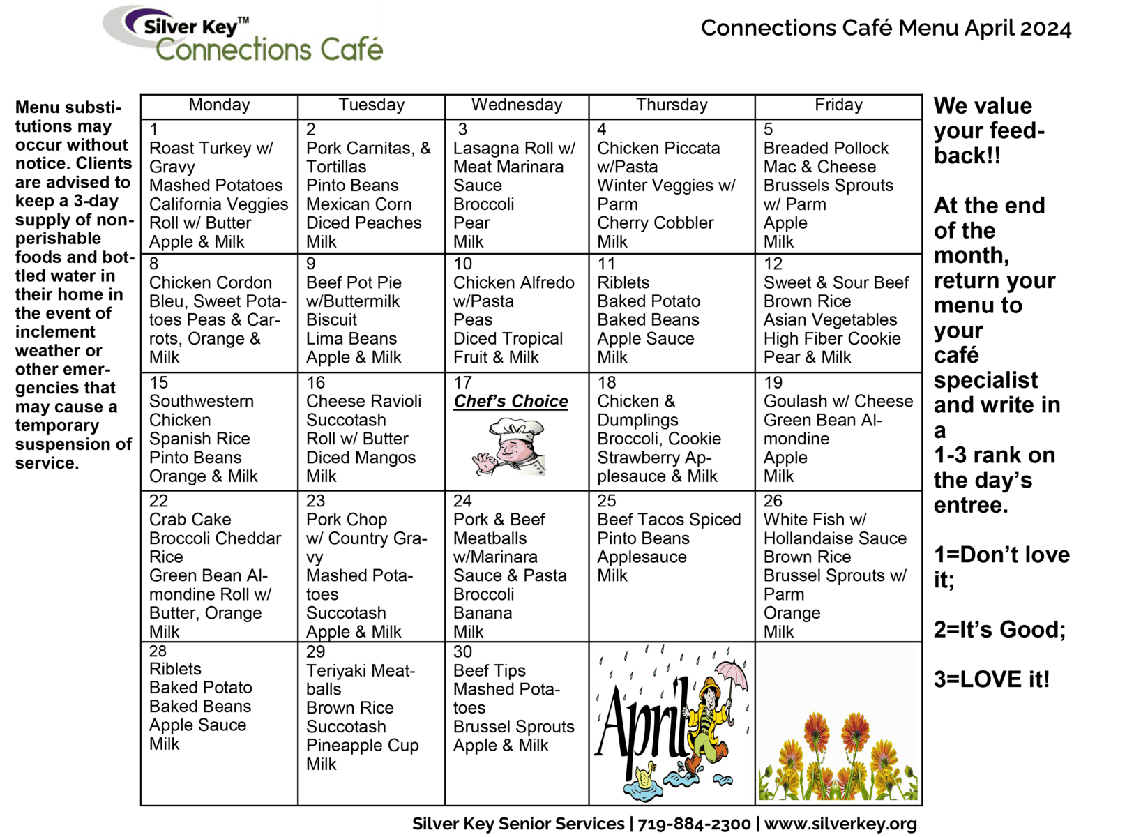 cafe calendar, silver key senior services, cafe, menu, colorado springs, colorado