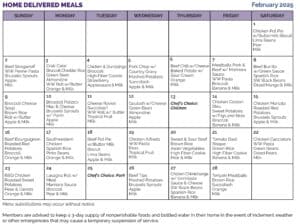 Home Delivered Meals February 2025 Food Menu