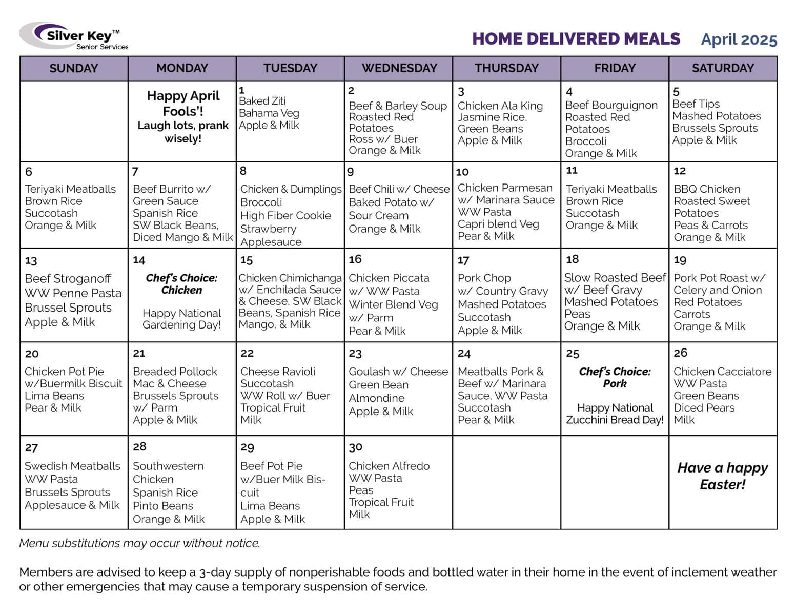 April Home delivered meals menu