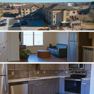 1. Exterior building photo “An aerial view of a modern three-story apartment building with parking spaces and landscaped areas surrounding the entrance.” 2. Living room photo “A furnished apartment living room with a window, gray sofa, round ottoman, wooden-style flooring, plants, and a stainless-steel refrigerator is visible.” 3. Kitchen photo “A contemporary apartment kitchen with stainless steel appliances, (Dishwasher, Sink, Microwave, Oven.) tile backsplash, and wood cabinetry.”